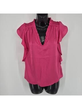 Philosophy Women's Fuchsia Rose V Neck Ruffle Sleeve Satin Blouse Sz XS Top NWT